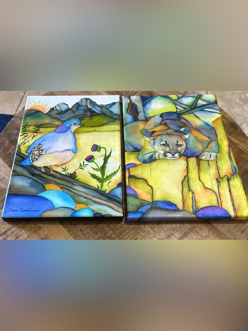 Sherry Tolman Art Canvas Prints Watercolor Art Signed # Diptych Set 15x10”